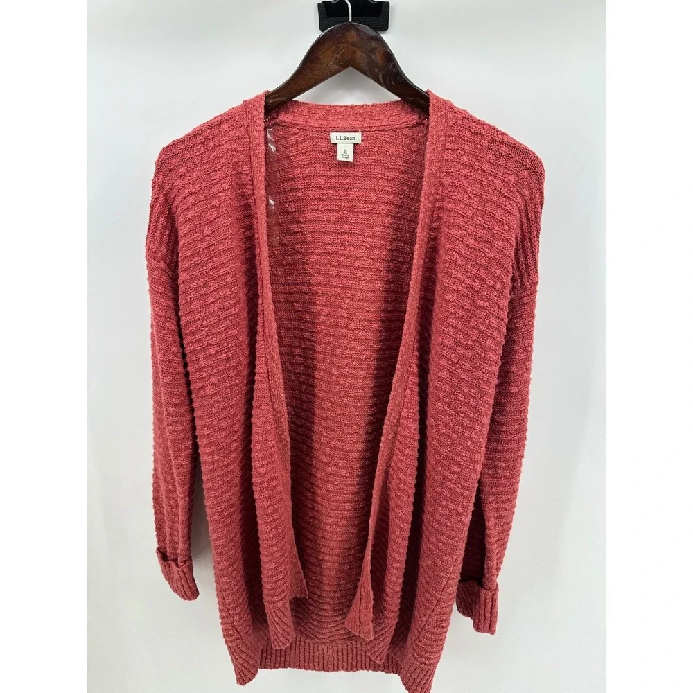 LL Bean Womens Rose Pink Textured Slub 100% Cotton Open Front Cardigan Sweater M